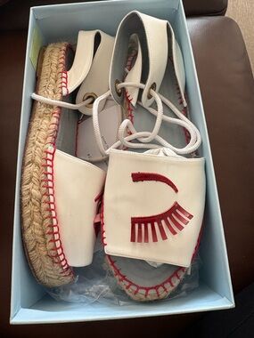 Chiara Ferragni White and Red Espadrille Lace-Up Sandals